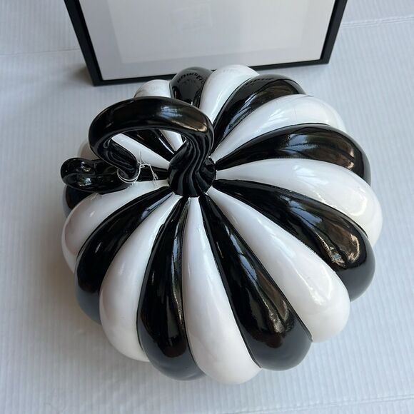 Elegant Glossy Black and White Stripe Pumpkin - Picture 8 of 10